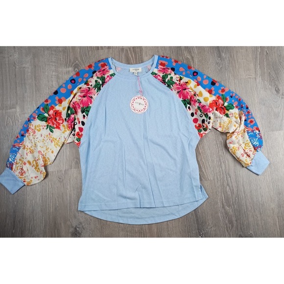 Umgee Tops - Umgee Mixed Print Long Balloon Sleeve Top Linen Blend Blue Floral Blouse Small